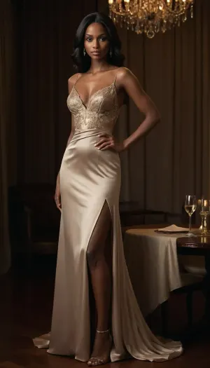 A glamorous dark-skinned woman in an opulent, dimly lit room, elegantly leaning over a polished wooden table while holding a martini glass. She wears an elegant, floor-length, tiling satin brief dress. The dress has a soft, muted taupe or light brown color. It has thin, adjustable spaghetti straps that cross slightly on the back. The neckline has a very deep V-shape that adds a touch of sophistication. Her back and the sides of her upper body are completely free of fabric and thus naked. The dress has a back and side-free design, it also has a very high and very wide skirt slit that starts at the level of her left waist and runs diagonally down over her hip to her right foot to the floor. Which gives the dress a certain sophistication and extravagance. Furthermore, it is made of a delicate satin that allows her entire silhouette to shimmer through the dress. Her natural, large, slightly drooping breasts completely fill the very tight and extremely narrow top, which just covers her large areolas and nipples, so that her top is stretched very taut under her breasts and her areolas and nipples press through the fabric of the dress, leaving a distinct imprint. Man can see her breasts almost completely from the sides and in the middle in her extremely deep and extremely wide neckline as her top only covers her nipples. The most striking detail is the elaborate golden floral embroidery that adorns the dress. Embroidery focuses on parts of the top at the edges of the dress that run diagonally and extends to the hem. The floral patterns are delicate and ornate, with leaves, tendrils and small flowers in gold threads that contrast beautifully with the taupe satin fabric.
The dress has a slightly flared skirt that gives it a playful yet elegant silhouette. The fabric appears smooth and shiny and subtly reflects the light. The overall design is a blend of modern minimalism and classic elegance, perfect for a formal event or a stylish evening. Her long, straight black hair falls right down her back. Warm candlelight, crystal chandelier reflections and heavy draped curtains create a rich, cinematic atmosphere. Highly fashionable editorial style, dramatic shadows, luminous skin, luxurious textures, intimate mood, Vogue-level photography