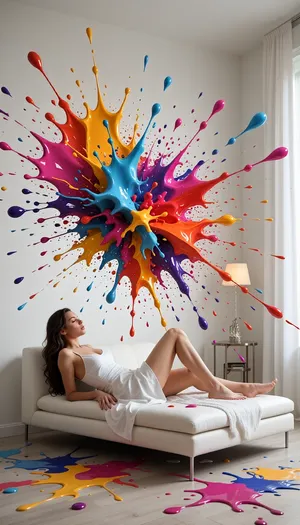 A beautiful elegant woman resting on a minimalist white sofa inside a room where walls and air are filled with floating, exploding splashes of highly saturated paint in the style of abstract expressionism. She wears a white dress. Vibrant colors, dynamic fluid simulation
