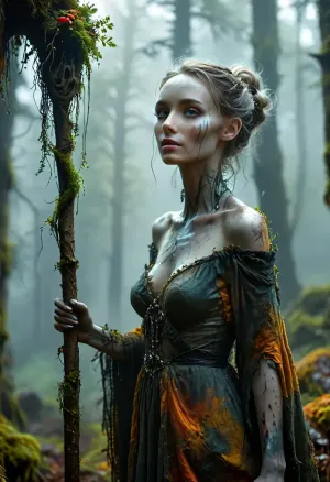 (Dark Cursed Fantasy Artwork), (smooth rendering and vibrant colors), outdoor, artistic, low angle, a 100-yo cursed forest hag emerges from a curtain of thick hanging moss, her form is a grotesque fusion of anatomy and nature, her skin resembling cracked gray bark from which tiny mushrooms sprout, she wears a garment of living cobwebs and dried peat, her face is a map of ancient malice, eyes like swirling mists, teeth of polished obsidian, slender gray-skinned claws clutch a staff of blackened rowan wood topped by an ancient skull, in the background a mist-shrouded primeval forest stretches out, ghostly dust-filled shafts of light, /KlTTY-ART/, <lora:COMFYUI_mimic_landscape_-_XL_SDXL v2.0:.1>, <lora:attractive_notrigger:.1>, <lora:MJ52:.1>, <lora:flat_chested_v3.5:.1>