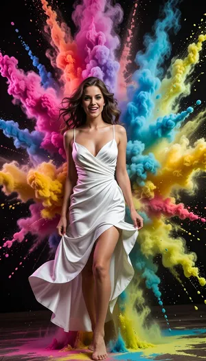 A beautiful joyful woman in a fluid white silk dress standing at the epicenter of a massive explosion of vibrant colored powder. Swirls of neon magenta, electric blue, bright yellow, and lime green dust fill the air. High speed photography, crystal clear details, dynamic motion, ultra-colorful.