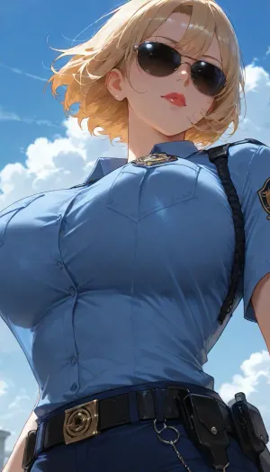 masterpiece, high detailed, police officer, police uniform, blue button-shirt, hourglass figure body, blonde woman, sunglasses, short hair, lipstick, upword perky giant breasts, hard_nipple under the shirt, upper body view, blue sky, cloud, wind, (low angle shot:.8)