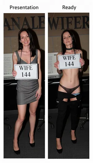 polaroid photo, side-by-side two pictures of the same standing mature slim french gilf 58yo, very sagging skin, (full same body in both pictures), realistic mature skin, woman, medium-lengh straight dark hair, first picture smiling and wearing a sexy everyday dress, in the second picture she is wearing sexy lingerie, pants, bra, stockings, high heels, thick bdsm collar. natural face, In the first picture she is standing and is holding a sign that says "WIFE 144".In the second picture she has hung a sign in her neck that says "WIFE 144" and she has her hands back.Please make an extreme contrast from first picture to second picture. the woman has to be the same woman on both pictures. Background is exactly de same for both pictures, a company chief big office with the word "ANALWIFER" graved on the wall. Her body in both pictures is exactly the same size and form.A caption on the top is written on the first picture 'Presentation'.A caption on the top is written on the first picture 'Ready'.Hard, direct, pop-up style frontal camera flash lighting, creating extreme high contrast between brightly lit foreground subjects and a deeply shadowed, dark background. The skin has a distinct glistening, sweaty-look sheen. Rapid fall-off of light into chaos and darkness in the distance. Retro flash color rendering with harsh highlights and potential red-eye effect.