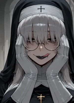 (Ratatatat74), (nun, (large round glasses), white hair, hair over eyes, dull lifeless eyes, cold black eyes, gloomy eyes, eye bags, black lipstick, sly smile, licking lips, large breasts, gloves), solo, hands on face, looking at viewer, <lora:ratatatat74-000050:2>