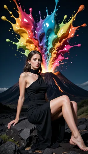 An elegant beautiful woman posing calmly on a dark volcanic rock. She wearing elegant Black Dress. In the background, a volcano erupts, blasting massive fountains of thick, glossy, ultra-colorful neon acrylic paint into the dark night sky. Vivid spectrum, liquid splash texture, high contrast, surrealism.