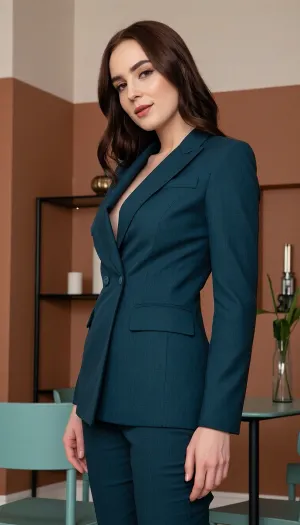 An editorial fashion photograph of a beautiful woman with deep copper-red hair and warm terracotta makeup. She is wearing a sophisticated tailored suit in deep teal blue. She is posed inside a modern architectural space with matte terracotta clay walls, featuring minimalist teal furniture and decor that perfectly matches her outfit. High-end color grading, enhanced natural tones, high contrast but zero digital oversaturation, realistic textures, cinematic lighting.