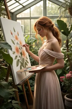 A masterpiece—a cinematic picture with many details in 8K image quality, A beautiful redhead woman embodying timeless elegance is painting a flower inside a lush greenhouse filled with vibrant greenery and delicate flowering plants. She is dressed in an elegant, flowing pastel-colored dress that drapes softly around her slender figure, exuding serenity and artistry. Her hair is styled in loose, romantic waves, framing her gentle, She carefully paints detailed flowers onto her canvas — her eyes closed in concentration — to capture the beauty of the flower. The woman's posture is poised yet natural, with one hand she hold a painting color palette while the other holds a fine brush, capturing the fine details of the blooming flower. The greenhouse is bathed in warm, dappled sunlight filtering through glass panels, creating a dreamy, luminous atmosphere. Surrounding her, various exotic plants and vibrant blossoms add rich textures and color contrasts, enhancing the scene’s lush, nurturing environment. The composition is a balanced close-up view that highlights the woman's artistic aura and the beauty of her gentle movements. The scene radiates tranquility, inspiration, and harmony with nature, styled in a romantic, impressionistic manner with soft lighting that emphasizes the delicate beauty and serenity of the moment.