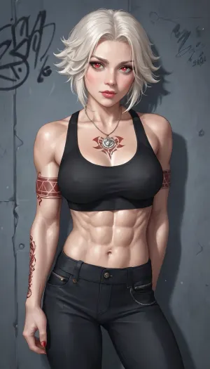 A tall 28-year-old woman with a muscular, athletic build and intricate tattoos covering her arms, chest, and shoulders from Picture 1. She has striking white hair with red streaks, intense crimson eyes, and a face currently showing a mix of raw shock and fragile, overwhelming hope. Her expression is the focal point, with eyes wide and glistening from recent tears that have left tracks through the grime on her cheeks. She is wearing a black sports bra and black cargo pants, her powerful physique standing tall yet visibly trembling as she holds onto the person before her. Her posture is no longer aggressive, she has pulled back slightly from a crushing embrace to stare with disbelief at the young man she loves, her calloused hands resting with newfound tenderness on his shoulders.

Richard, a young 22-year-old man with pale skin and short ash-blonde hair, stands directly in front of her, his slender, non-muscular frame contrasting sharply with her imposing, muscular stature. He looks at her with a calm, steady, and honest expression, his hands resting gently on her waist as he leans in to offer her freedom and companionship. The atmosphere of the prison courtyard is heavy and silent, with the grey, graffiti-covered concrete walls and distant iron bars of the cellblock visible in the background, out of focus. Soft, directional natural light filters down into the yard, highlighting the emotional intensity of their faces and the stark contrast between their builds.

Photorealistic drawing, 32K, immense detail, cinematic lighting, ambient occlusion, detailed skin texture, perfect contrast, octane-engine, focused composition, intimate and emotional atmosphere, high-quality rendering.