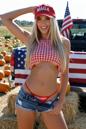 This is a full-length, front-facing studio portrait of a beautiful young skinny slim tall woman, 18yo, with long blonde hair. She has sun tanned skin, tan lines and is looking directly at the camera with her a toothy smile. No makeup and large expressive anime blue eyes. Tiny waist. Pierced bellybutton, with dangle. Red MAGA hat.Her attire consists of a cropped, sleeveless checkered pattern red croptop. Underboob. Below, she wears unbuttoned denim shorts that are pulled down low over her hips to expose skimpy red TRUMP underwear underneath, thin straps. Standing in a sunny pumpkin field, still with vegetation .Infront of some hay bales. Large pickup truck with American flag. making a fist in the air with one hand, arm extended up. other hand on shorts. The lighting is direct and even, characteristic of flash photography, casting minimal shadows. The composition centers the subject vertically and horizontally within the frame.