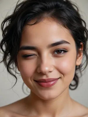 Youthful oval face, with soft and harmonious proportions, a neat jawline and a smoothly defined chin, mixed ethnicity cute slim oval face. Eyes and facial expressions, eye is playfully squinted, and the other is expressive, dark brown in color with distinct dark eyelashes. Eyebrows, Dark, expressive, thick enough, with a natural soft curve. Nose, Neat, proportional, with a low bridge of the nose and a gently rounded tip. Lips and smile, A natural dark red shade, closed in a light, semi-mysterious and playful smile. Hair, (dark brown or black), short, curly and wavy, slightly disheveled, with strands that fall freely on the forehead and temples. Skin, Light, with an even tone and a naturally fresh look. Facial Expression, Playful, laid-back, flirtatious, and friendly, photorealistic, 8k resolution