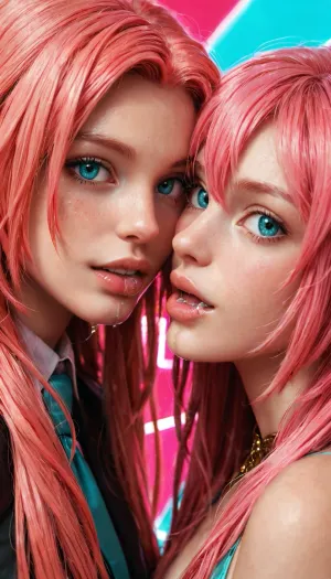 Hatsune Miku and Megurine Luka, (2girls, two distinct characters, both faces clearly visible:1.4), extreme close-up, face-to-face, side-by-side, both looking at each other, Miku with turquoise twin-tails, Luka with long pink hair, contrasting expressions, intense gazes, slightly parted lips, (thin glossy saliva strands connecting their lips:1.15), intimate proximity, neon cyan and hot pink lighting, psychedelic abstract background, halftone patterns, subtle glitch effects, stylish pop-art music cover, detailed faces