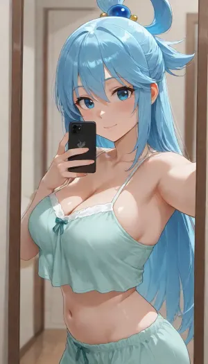 aqua from konosuba, elegant facial features, mirror selfie, side view, modest pajama, fit body, flat stomach, small blush