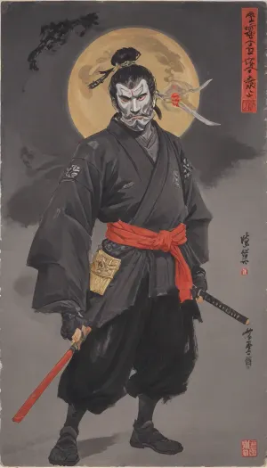 woman, Ukiyo-e Art, warrior ninja man, (in dark grey Shinobi-shozoku, Shinobi-Zukinand, shinobi mask:1.5), print style of hokusai fine art style of kanagawa painting /relax, UtagawaKuniyoshiXL, hu4lu, baishi, style, of, Qi, Baishi, <lora:Ukiyo-e Art:1>, <lora:UtagawaKuniyoshiXL_v1:.5>, <lora:hu4lu:.5>, <lora:baishi_xl_0_-000004:1.4>, <lora:tbh170-sdxl:1.4>