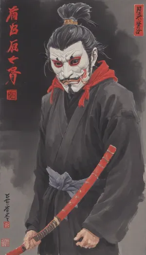 woman, Ukiyo-e Art, warrior ninja man, (in dark grey Shinobi-shozoku, Shinobi-Zukinand, shinobi mask:1.5), print style of hokusai fine art style of kanagawa painting /relax, UtagawaKuniyoshiXL, hu4lu, baishi, style, of, Qi, Baishi, <lora:Ukiyo-e Art:1>, <lora:UtagawaKuniyoshiXL_v1:.5>, <lora:hu4lu:.5>, <lora:baishi_xl_0_-000004:1.4>, <lora:tbh170-sdxl:1.4>