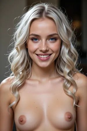 Frontal view, portrait, shallow depth of field, 1 woman, 18 years old, (very slender), blue eyes, long platinblond curly hair, high cheekbones, dimples in the cheeks, dimple on the chin, narrow chin, thin lips, large mouth, adorable smile, cute gap between teeth, small flat breasts, cute perky breasts, perfect make-up, radiant skin.