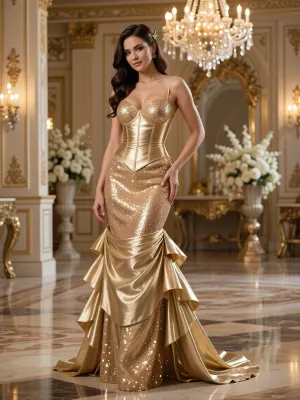 masterpiece, best quality, ultra-detailed, 25yo adult female, elegant heart-shaped face, soft jawline, shimmering gold-toned makeup, poised expression, hourglass figure, full body fashion portrait, standing gracefully in a grand ballroom, weight shift to one leg, one hand resting on a hip, head tilted slightly with a serene smile, long mahogany waves intricately styled in a half-up half-down gala look with small gold hairpins, opulent floor-length debutante gown, (shimmering gold sequins:1.2), covering the bodice and skirt, structured metallic gold fabric corset waist, delicate spaghetti straps, cascading layers of gold pleated metallic silk at the hem reflecting light with every fold, luxurious baroque ballroom, polished marble floors, towering crystal chandeliers casting a warm golden glow, blurred background of white floral arrangements and gold-leafed columns, cinematic chiaroscuro lighting, soft key light highlighting the metallic sheen of the dress and porcelain skin texture, 8k resolution, high-fashion professional photography, 50mm lens, shallow depth of field, rich gold and cream color palette
