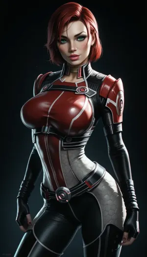tall woman Shepard, (masterpiece, best quality:1.2), solo, thighhighs, (wide bimbo lips), fingerless gloves, ginger bobcut, black silver thighhighs with chromatic details, (Mass Effect), ((realistic green eyes)), ((looking at viewer)), Jane, shepard, chromatic n7armor with pants, commandershepard, (sharp focus)
