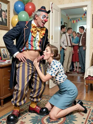 This is a detailed a classical illustrative style depicts a scene set in USSR in 1950s, in the living room of a Soviet apartment, in the immediate foreground, is a detailed male clown—50 years old With a mocking laugh—wearing a full clown costume, complete with oversized shoes, unbuttoned clown's trousers, a jacket, suspenders, a colorful shirt, an exaggeratedly large bow tie, a red nose, and a tiny hat. He is receiving oral sex from a very beautiful Russian married woman 40 years old noble light-brown elegant hairstyle. slender, wide hips, elicate noble facial features, The beautiful Russian married woman is kneeling before the clown with his clown's trousers unzipped, taking his erect penis deep into her mouth. She wears a in blue skirt a skirt, unbuttoned and open polka dot blouse . Because they are positioned prominently in the extreme foreground, both the woman and the clown are rendered in high detail, capturing nuanced facial expressions and intricate textures of fabric and skin. her family photos are on the bedside table.A private party decorated with balloons, streamers, with many neighbors can be seen in the background through the open door.retro, full body view. The overall mood is intense, rendered in fine, expressive line work and subtle shading, evoking the style of 1950s satirical or moralistic illustrations.