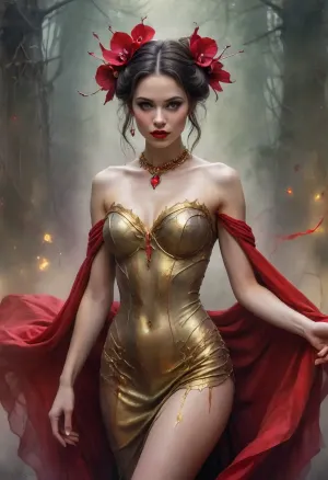 (Dark Fantasy Artwork), artistic, low angle, artistic painting in a watercolor and oil on parchment, the background features a large abstract red heart shape, 40 yo, ethereal belle female orchid predator made of thorns, dress of thorns, thorns emerge from her skin, thorn-like gold jewelry, playful pout, dark misty void with violet and emerald shimmering surfaces, harsh direct lighting, sweetness, soft focus, seductive gaze, red lips, dynamic effect through paint splashes and streaks, warm colors, painterly texture, fantasy, natural beauty, gleaming ghostly gold, epically atmospheric fog, red ribbons, /KlTTY-ART/