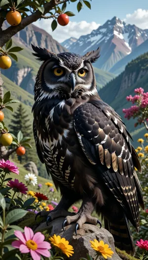 a majestic imposing black owl perched in a colorful mountainous landscape, surrounded by vibrant flowers and fruit trees with ripe fruits, rich saturated colors, detailed feathers, soft natural lighting, photorealistic, cinematic atmosphere
