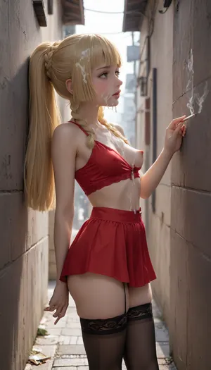 ((Black hour)), ((Pokemon anima art style)), ((seedy men looking for sex)), ((multiple men down the alleyway looking for sex)), (((prostitute Alley))), ((she’s a hooker, sex worker)), ((adult 40 to Lillie from Pokemon)), small sagging breasts, one breast exposed, very sexy face, thin waist and thick low body, (black silk stockings), blushing cheeks, girl low stature, massive thighs, thick thighs, wide hips, thin waist, down the shadowy alleyway at midnight, (no light source), (dim light), tight red crop top, red coloured mini skirt dramatic lace-up side cutout, (((no knickers))), she is standing, leaning against the wall, 1girl, semi side view, ((after sex)), (self pleasuring, pinching own nipple), (smoking a cigarette, girl is holding the cigarette up to her mouth, sucking on the cigarette, blowing cigarette smoke), beautiful, masterpiece, high quality, high resolution, (cum dripping, excessive cum, slimy), (cum on stomach, cum on chest, cum on face, cum on hair), Side lighting creates a dark and sexual atmosphere.