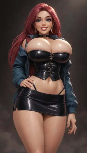 reiq meets innv and Jack cayless art style, Beautiful happy Jessie from pokémon bimbo, very large breast, shiny skirt, push up bustier, colored jacket, low back view.