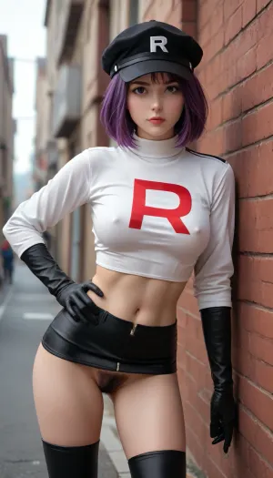 highly photorealistic, ultra-detailed cinematic portrait of the female Team GO Rocket Grunt from Pokémon GO. She has a sharp, determined gaze, and a subtle smirk that conveys arrogance and rebelliousness. Her appearance faithfully reflects the original Pokémon GO character design. She is a busty and a sporty trained body with a perfect bubble but.

She wears the iconic grey Team GO Rocket uniform with a bold red letter “R” prominently displayed on the chest, a tight dark grey top, a dark grey micro skirt, black gloves, and dark grey thigh high boots. Her outfit features realistic fabric textures, detailed stitching, subtle wrinkles, and natural signs of wear., (purple hair:1.2), flat cap, purple bob haircut, carefully styled to match the original character, with individual strands of hair visible in incredible detail. Her makeup is subtle but striking, emphasizing her eyes and giving her a tough, self-assured appearance. Her skirt is slightly pulled up an shows her pubic hair, (hairy crotch:1.2), . Her top shows buckles from her erect nipples.

She stands in a dramatic, confident pose with one hand resting on her hip and the other hanging casually at her side. Her body language radiates authority, mystery, and menace. Her facial features are realistic and naturally proportioned, with visible skin pores, fine facial hairs, subtle imperfections, realistic skin texture, and lifelike eyes with detailed reflections.

The setting is a dimly lit urban environment, featuring a deserted alley, dark concrete walls, faint graffiti, and subtle red ambient lighting. Soft fog drifts through the background, while cinematic red and cool blue light sources create dramatic highlights and deep shadows. The background is slightly out of focus, with realistic depth of field and atmospheric perspective.

Shot on a professional full-frame DSLR camera with an 85mm portrait lens, f/1.8 aperture, natural skin tones, physically accurate lighting, global illumination, ray-traced reflections, realistic shadows, cinematic color grading, HDR, extremely detailed textures, sharp focus on the face and uniform, subtle film grain, 8K resolution, lifelike proportions, realistic anatomy, professional photography, dark cinematic atmosphere, indistinguishable from a real photograph.

No cartoon aesthetics, no anime style, no illustration, no CGI appearance, no plastic skin, no exaggerated proportions, no distorted anatomy, no blurry facial features, no extra fingers, no text except the iconic red “R” logo on the uniform and on her cap.