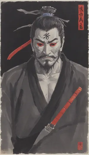 woman, Ukiyo-e Art, warrior ninja man, (in dark grey Shinobi-shozoku, Shinobi-Zukinand, shinobi mask:1.5), print style of hokusai fine art style of kanagawa painting /relax, UtagawaKuniyoshiXL, hu4lu, baishi, style, of, Qi, Baishi, <lora:Ukiyo-e Art:1>, <lora:UtagawaKuniyoshiXL_v1:.5>, <lora:hu4lu:.5>, <lora:baishi_xl_0_-000004:1.4>, <lora:tbh170-sdxl:1.4>