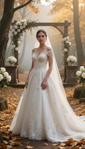 (masterpiece, fashion editorial photography, full body shot, sharp focus:1.4), (perfect realistic hands with detailed fingernails, flawless fingers:1.4), (highly detailed human iris with ultra-sharp reflections and vivid eye sparkles:1.5), a breathtakingly beautiful bride with, (completely dry flawless matte porcelain skin, clean face:1.4), crisp individual eyelashes, wearing a majestic voluminous white wedding dress with intricate embroidery and a long stunning train, standing on a pathway covered with golden autumn leaves inside a mystical foggy autumn forest, soft misty air, a beautiful rustic wedding altar decorated with white roses on the blurry background, warm golden hour sunlight breaking through the trees, 8k resolution, romanticism fine art style, cinematic lighting