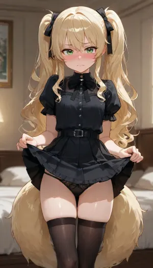cute, young, short height, very long pigtails, blonde wavy hair, three soft fox tails sways behind back, green eyes, innocent, cute fang, goth outfit, black stockings, anime style, detailed shading, ((in a bedroom, strong blush, wide and teary eyes, embarassed, short skirt, lifting skirt, showing panties, black lacy panties))