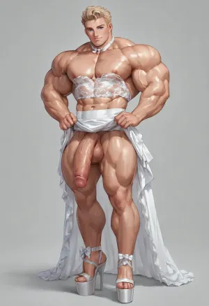 only 2men, gay, very muscular-slender and tall, tall 2man, both wearing bridal dresses, 26 years old, very tall bodybuilders, both bodybuilders are clad in white weddingdresses lifting their skirts, and show their very large penises, (gaybrides with hyper shoulders), (gaybrides with huge cocks), flat, chested, big, muscle, large, hyper, huge, thick, limbs, thighs, arms, (ultra high, platform heels), <lora:flat_chested_v3.5:.8>, <lora:bodybuilder:2>