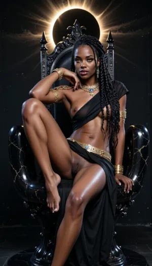 Cosmic Lust. A dark-skinned adult model with long, braided hair and amber eyes poses upon an obsidian throne. Gold jewelry adorns her shoulders, neck, and waist, while a translucent black fabric partially drapes her silhouette. With one leg bent and her chin held high, she gazes into the camera beneath an artificial eclipse, creating a majestic and mysterious image.