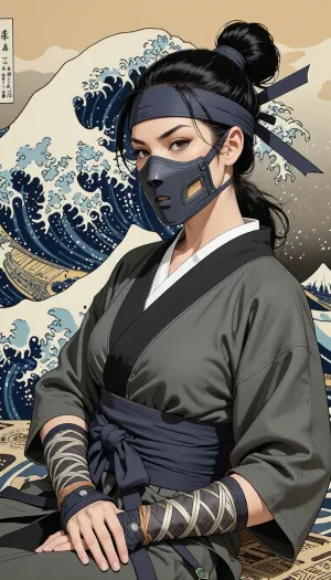 woman, Ukiyo-e Art, warrior ninja woman, (in dark grey Shinobi-shozoku, Shinobi-Zukinand, shinobi mask:1.5), print style of hokusai fine art style of kanagawa painting /relax