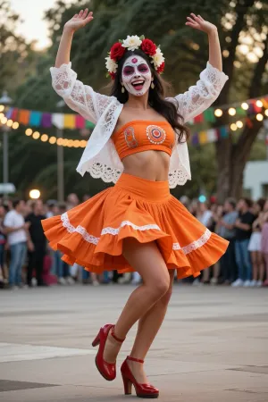 (girl in traditional Día de Muertos costume), 1.3, dancing, Katrina makeup, wreath of red and white flowers, (orange skirt with ruffles), 1.2, (orange strapless top with round pattern), white lace bolero, red wedge heel shoes, hands in the air, joyful expression, daylight, evening light, open space, background with blurred garlands, (bokeh lights), 1.1, crowd in background, trees, high quality, (realistic photo), detailed leather