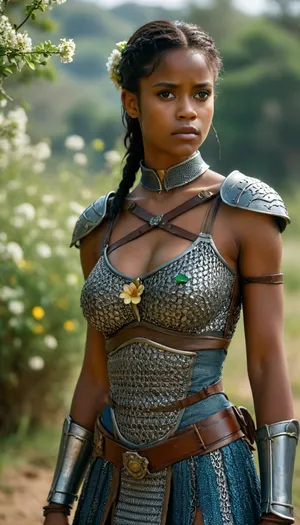 A woman in chain mail, Letitia Wright, combat armor, miniskirt, slender, tanned, gorgeous, slim waist, (large breasts:1.3), cute body, navel, shoulders, flowers and birds, rounded samurai girl, green, eyes, blue, brown, perfecteyes, <lora:Portrait_perfection:.8>, <lora:PerfectEyesXL:.8>, <lora:MJ52:.8>