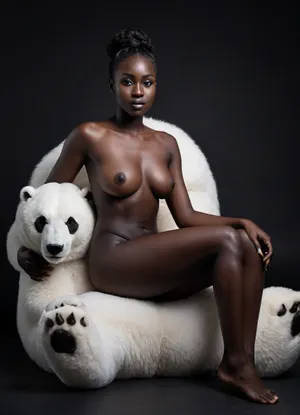 (realistic:1.2), 1girl, looking at viewer, full body view, (deep black skin tone:1.4), (ebony skin:1.3), (melanin rich:1.2), shiny skin, firm breasts, shaved pussy, sitting on tamed icebear, studio lighting, high contrast, dark aesthetic