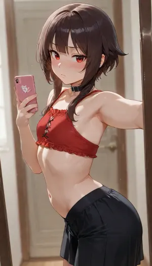megumin, elegant facial features, mirror selfie, side view, modest pajama, fit body, flat stomach, small blush