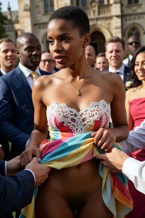 An African woman with short, dark, closely cropped hair, wearing a colorful, strapless dress with delicate white lace embroidery on the bust. People are holding up the hem of her dress with both hands, revealing her naked pubic area. She wears a thin gold necklace with a small pendant and small stud earrings.

She is surrounded by a diverse group of smiling people in formal attire, suggesting a wedding or celebratory event, with a grand, old stone building, (possibly a church or university), visible in the blurred background.

Illuminated by bright, warm natural sunlight, creating soft highlights on her hair and skin, with gentle shadows.

Captured with a medium close-up shot, eye-level perspective, focusing on the woman while the background and surrounding people are softly blurred.

The overall style is candid, joyful, and subtly provocative, with a photorealistic and high-detail aesthetic, vibrant colors, and a professional, editorial quality.