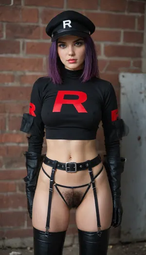 highly photorealistic, ultra-detailed cinematic portrait of the female Team GO Rocket Grunt from Pokémon GO. She has a sharp, determined gaze, and a subtle smirk that conveys arrogance and rebelliousness. Her appearance faithfully reflects the original Pokémon GO character design. She is a busty and a sporty trained body with a perfect bubble but.

She wears the iconic grey Team GO Rocket uniform with a bold red letter “R” prominently displayed on the chest, a tight dark grey top, black gloves, dark grey leather belt with garter straps, thigh high boots. Her outfit features realistic fabric textures, detailed stitching, subtle wrinkles, and natural signs of wear., (purple hair:1.2), flat cap, purple bob haircut, carefully styled to match the original character, with individual strands of hair visible in incredible detail. Her makeup is subtle but striking, emphasizing her eyes and giving her a tough, self-assured appearance. unvovered pubic area, (very hairy crotch:1.2), . Her top shows buckles from her erect nipples.

She stands in a dramatic, confident pose with one hand resting on her hip and the other hanging casually at her side. Her body language radiates authority, mystery, and menace. Her facial features are realistic and naturally proportioned, with visible skin pores, fine facial hairs, subtle imperfections, realistic skin texture, and lifelike eyes with detailed reflections.

The setting is a dimly lit urban environment, featuring a deserted alley, dark concrete walls, faint graffiti, and subtle red ambient lighting. Soft fog drifts through the background, while cinematic red and cool blue light sources create dramatic highlights and deep shadows. The background is slightly out of focus, with realistic depth of field and atmospheric perspective.

Shot on a professional full-frame DSLR camera with an 85mm portrait lens, f/1.8 aperture, natural skin tones, physically accurate lighting, global illumination, ray-traced reflections, realistic shadows, cinematic color grading, HDR, extremely detailed textures, sharp focus on the face and uniform, subtle film grain, 8K resolution, lifelike proportions, realistic anatomy, professional photography, dark cinematic atmosphere, indistinguishable from a real photograph.

no cartoon aesthetics, no anime style, no CGI appearance, no exaggerated proportions, no distorted anatomy, no blurry facial features, no extra fingers, no text except the iconic red “R” logo on the uniform and on her cap.