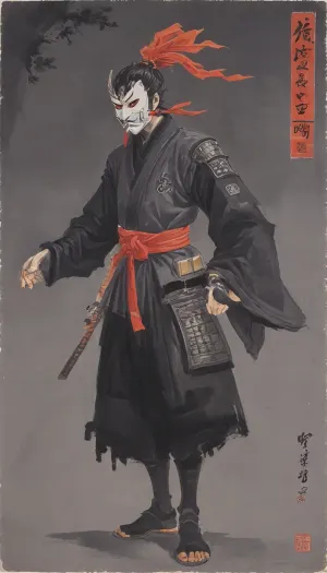woman, Ukiyo-e Art, warrior ninja man, (in dark grey Shinobi-shozoku, Shinobi-Zukinand, shinobi mask:1.5), print style of hokusai fine art style of kanagawa painting /relax, UtagawaKuniyoshiXL, hu4lu, baishi, style, of, Qi, Baishi, <lora:Ukiyo-e Art:1>, <lora:UtagawaKuniyoshiXL_v1:.5>, <lora:hu4lu:.5>, <lora:baishi_xl_0_-000004:1.4>, <lora:tbh170-sdxl:1.4>