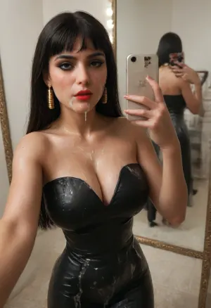 In the bedroom, mood lighting, busty woman in a tight black strapless leather dress, (taking a selfie in the mirror:1.8), (cum:1.8), (cum on her face:1.8), (cum on cheek), huge tits, (cleopatra), red lipstick, (cum on dress:1.6), woman, cum, on, face, (long drop diamond earrings), taking a selfie, side view, view from ass up, (sweaty:1.8), ais-waterdrops, (rivulets of water drip from her face:1.6), running one hand though her hair, (man is fucking her from behind:1.6), inserting his penis in her vagina revsitting, iphone, mirror, selfie, holding, <lora:JustCum:2>, <lora:Cleave:1.5>, <lora:Sweaty_Realism_4-000006:2>, <lora:Waterdrops_Style_SDXL:1.9>, <lora:phone_v01:2>