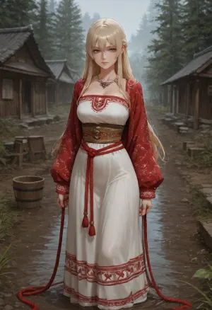 A masterpiece, top-notch quality, ultra-high detail, realistic photo.
Cinematic composition, A young Slavic woman with a long, light-colored braid walks along a dirt road in a traditional Russian village on an early, foggy morning.
She carries water on her shoulders using an antique wooden yoke. Suspended from the ends of the yoke by thick hemp ropes are two securely fastened antique wooden buckets filled with clean water. The buckets are skillfully crafted from pine staves and bound with dark iron hoops, featuring forged iron loops for attaching the rope, showcasing the authentic texture of antiquity. The woman holds the yoke confidently and naturally with both hands. She wears a traditional loose-fitting white linen dress with intricate red Slavic embroidery, (geometric patterns), on the sleeves and chest, her waist is cinched with a red woven fabric belt. Setting, Morning fog blurs the outlines of the log cabins in the background. The gray light of a foggy morning before sunrise, the realistic matte texture of the skin, and an authentic historical scene.