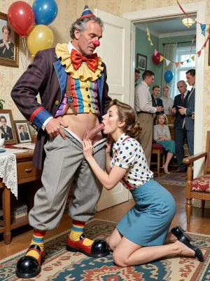 This is a detailed a classical illustrative style depicts a scene set in USSR in 1950s, in the living room of a Soviet apartment, in the immediate foreground, is a detailed male clown—50 years old—wearing a full clown costume, complete with oversized shoes, unbuttoned trousers, a jacket, suspenders, a colorful shirt, an exaggeratedly large bow tie, a red nose, and a tiny hat. He is receiving oral sex from a very beautiful Russian married woman 35 years old noble light-brown elegant hairstyle. slender, wide hips, elicate noble facial features, The beautiful Russian married woman is kneeling before the clown with his trousers unzipped, taking his erect penis deep into her mouth. She wears a in blue skirt a skirt, unbuttoned and open polka dot blouse . Because they are positioned prominently in the extreme foreground, both the woman and the clown are rendered in high detail, capturing nuanced facial expressions and intricate textures of fabric and skin. her family photos are on the bedside table.A private party decorated with balloons, streamers, with many neighbors can be seen in the background through the open door.retro, full body view. The overall mood is intense, rendered in fine, expressive line work and subtle shading, evoking the style of 1950s satirical or moralistic illustrations.