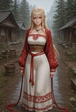 A masterpiece, top-notch quality, ultra-high detail, realistic photo.
Cinematic composition, A young Slavic woman with a long, light-colored braid walks along a dirt road in a traditional Russian village on an early, foggy morning.
She carries water on her shoulders using an antique wooden yoke. Suspended from the ends of the yoke by thick hemp ropes are two securely fastened antique wooden buckets filled with clean water. The buckets are skillfully crafted from pine staves and bound with dark iron hoops, featuring forged iron loops for attaching the rope, showcasing the authentic texture of antiquity. The woman holds the yoke confidently and naturally with both hands. She wears a traditional loose-fitting white linen dress with intricate red Slavic embroidery, (geometric patterns), on the sleeves and chest, her waist is cinched with a red woven fabric belt. Setting, Morning fog blurs the outlines of the log cabins in the background. The gray light of a foggy morning before sunrise, the realistic matte texture of the skin, and an authentic historical scene.