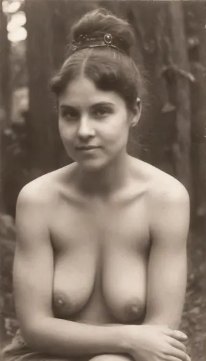 (attractive woman:1.3), (30 years old:1.6), pretty colonized ethnic woman, (indigenous african:1.5), (pussy is visible:1.5), (pubic hair:1.5), outdoor, ((19th century vintage explorer photography:1.5), black and white picture, sepia, high film grain, developed film, tintype, dry plate, Daguerreotype, grainy, real, (facing camera:1.2)), civil war camp setting, 1girl, dark-skinned female, international, immigrant, curly black hair, brazilian, naked, nude, no clothing, black skin, slim, full body view, head to toe in image, full body, large natural breasts, black and white photo, old polaroid, detailed eyes, freckles, ultra detailed, skin texture, highly detailed, extreme quality, old photography, 50mm, (1900's photo flash), (slightly overexposed:2), angled facial features, round head, ((awkward angle:1.9)), ((composition is lacking)), (nighttime), (no ambient light), (single harsh flash from the camera), (overexposed flash highlights subject), (sharp shadows behind and around her), (noise in all darker areas), (wet surfaces reflecting small highlights), (flat lighting due to direct flash), (film photograph:1.3), (cyan-tinted shadows from analog camera sensor), (fluorescent-like artificial lighting tint), (background remains visible due to flash, but lacks blur or depth), (low quality photo), (old camera), (flash photo), wearing glasses, (gritty), (realistic environment), (analogic style), (film grain), (overexposed flash), (strong shadows), (sharp shadows), (low contrast:2), (noise in dark areas), (shiny reflection on surfaces), (sharp background), (background in focus), (no background blur), (clear background details), (sepia shadows), (artificial lighting with sepia hue), (tribal-Queen), (printed picture), (bad quality), (old digital camera), (raw), (light leak), (low res), (low quality), (1800s style), (1920s), igbaddie wide, NaughtyPostcard, puffy, nipples, dark, ghost, wide, sagging, breasts, <lora:NaughtyPostcard:1.8>, <lora:Nipples XL:1.2>, <lora:sagging-000015:.5>