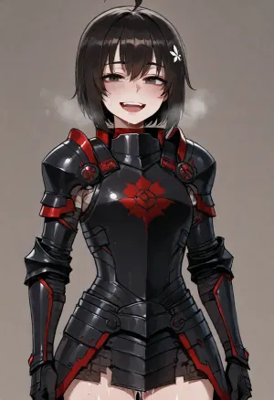 (Ratatatat74), (maple from bofuri, petite, happy, armor), solo, dripping cum, simple background, <lora:ratatatat74-000050:2>