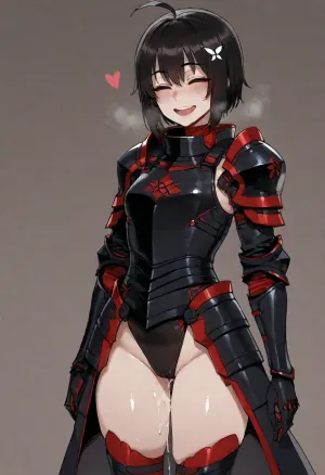 (Ratatatat74), (maple from bofuri, petite, happy, armor), solo, dripping cum, simple background, <lora:ratatatat74-000050:2>
