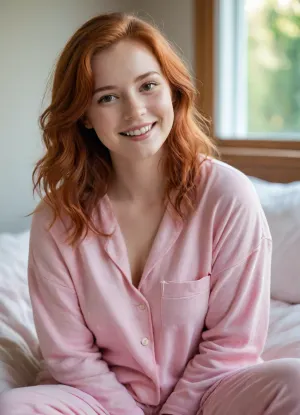 A highly photorealistic lifestyle photograph of a cheerful 18-year-old woman wearing cute, loose-fitting pink pajamas. She has a warm smile, natural makeup, healthy red hair, and a soft, curvy physique. The comfortable pajamas have a relaxed fit and pastel colors. She is relaxing at home in a cozy bedroom with soft morning sunlight streaming through the window. Natural pose, realistic skin texture, warm atmosphere, high detail, shallow depth of field, professional photography, 4K, candid lifestyle scene.