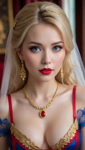 (Sexy Sweet Tempting young Woman), nordic, Professional sexy seduction posesmodel, Sexy supermodel, ultra realistic, 8k resolution, ultra detailed, instagram model, professional photography, (Sexy Chinese style, Classic Wedding outfit, Sexy EROTIC Cosplay), luxurious ash blond hair, Blue eyes, flashy makeup, Sexy lips, Exquisite earrings, Exquisite necklace pendant, Exquisite Gold Accessories, ((Red, with Gold Accessories, Sexy Erotic, See Through, Sexy Wedding outfit)), stockings, pale skin, natural big round breasts, smirk, flirty, bashful, seductive, lusty, playful, Healthy slim body, Tall, very long legs, hourglass figure, mini waist, Sweet face, perfect face, lifelike face, real face, very beautiful face, detailed face
