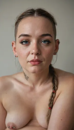 freaky ugly obese granny, (numerous piercings on face:1.6), naked with protruding navel, bald shaved hair with braided black pony tail on top of head