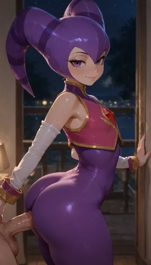 NiGHTS from Nights into Dreams, she is 20 years old, (very detailed and accurate NiGHTS face), NiGHTS has a thin humanoid form, beige skin, NiGHTS wears a violet and dark purple-striped two-horned purple jester cowl on her head, NiGHTS wears purple unitard with a white shirt under it, (the sleeves are baggy with purple and yellow cuffs), She also wear a small sleeveless pink vest with yellow trim and 4 yellow star-like buttons on it with 2 on the left side and 2 on the right side, Beatiful small body, thin body, flat chest, big ass, big thighs, In a room, night time, NiGHTS is standing, completely nude male anon, penis, (shaved penis), Male anon is pressing his penis against NiGHTS big ass, (penis between NiGHTS ass cheeks), side view, (view from side), NiGHTS looking at viewer, smiling, masterpiece, professional image, very detailed image, 4K image